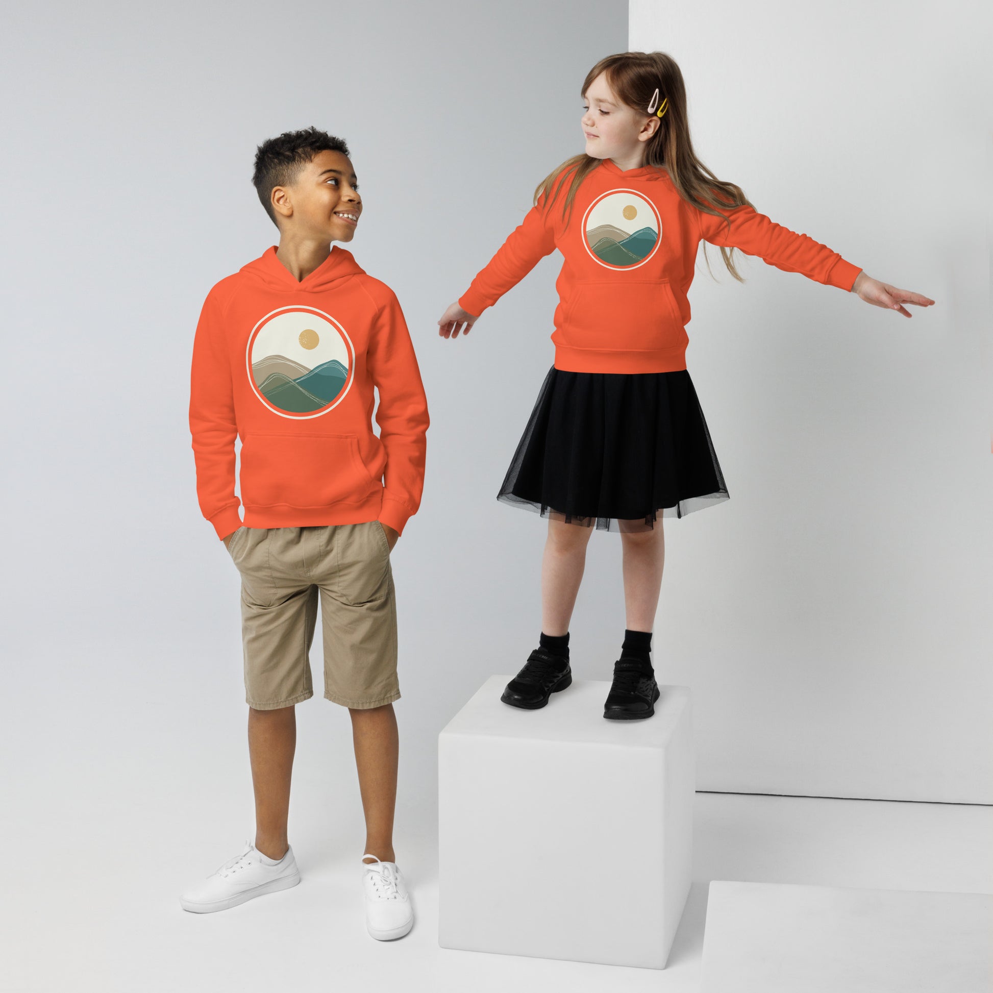 Product mockup kids eco hoodie burnt orange